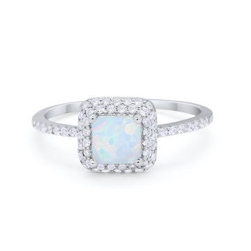 Halo Princess Cut Wedding Ring Round Lab Created White Opal 925 Sterling Silver